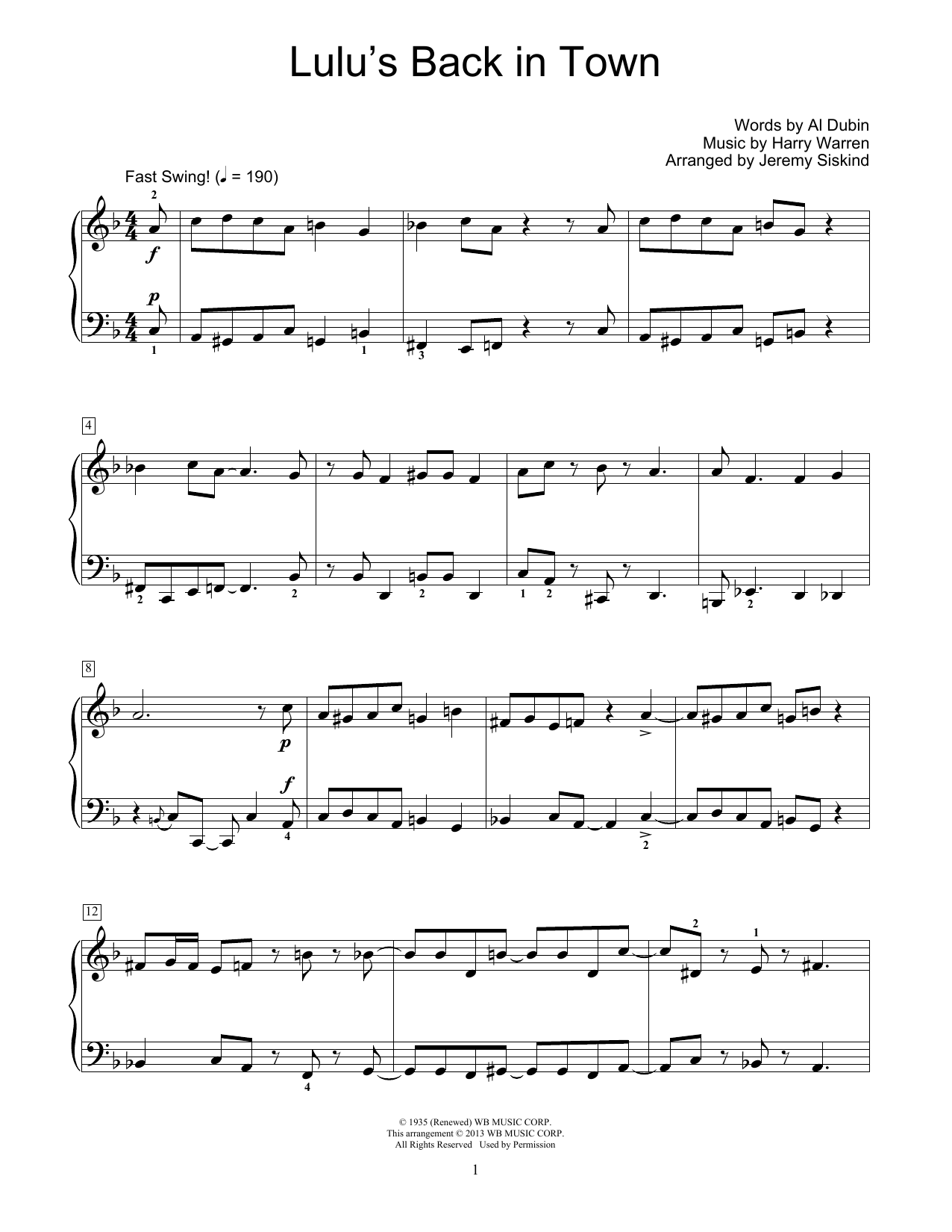 Al Dubin Lulu's Back In Town sheet music notes and chords arranged for Piano, Vocal & Guitar Chords