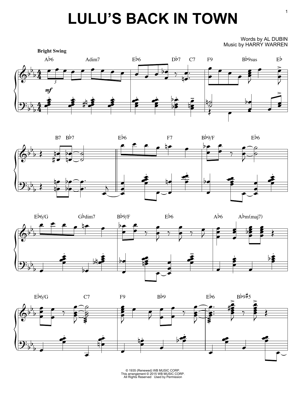 Al Dubin Lulu's Back In Town [Stride version] (arr. Brent Edstrom) sheet music notes and chords arranged for Piano Solo