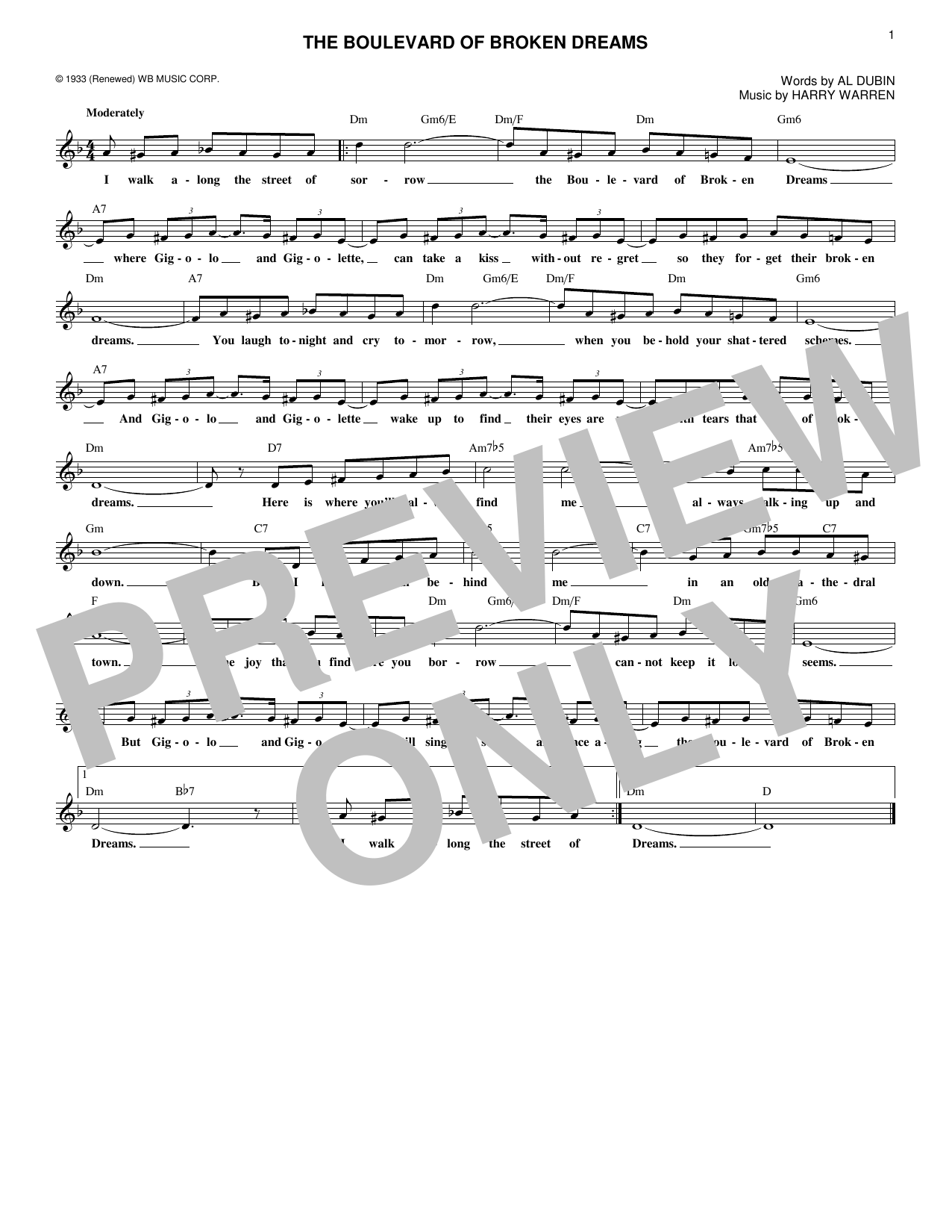 Al Dubin The Boulevard Of Broken Dreams sheet music notes and chords arranged for Lead Sheet / Fake Book