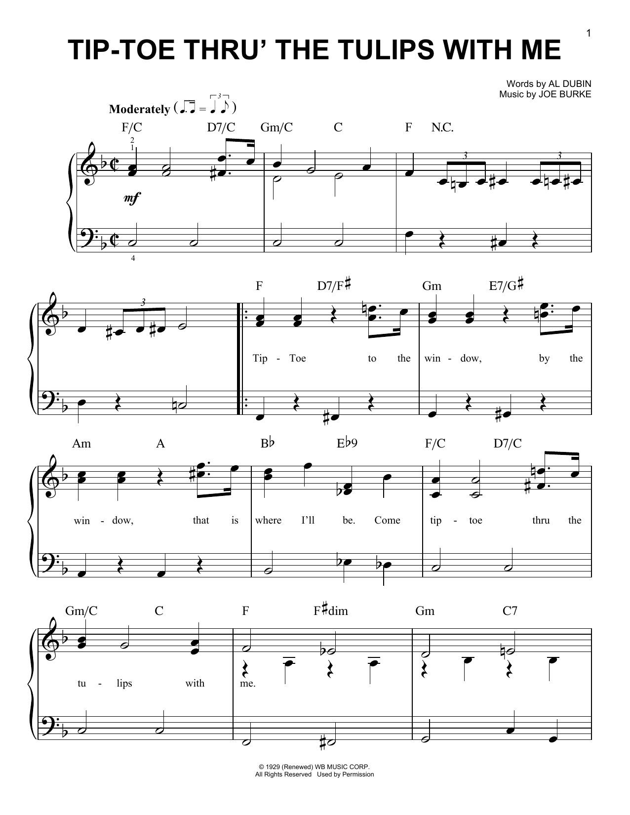 Al Dubin Tip-Toe Thru' The Tulips With Me sheet music notes and chords arranged for Easy Piano