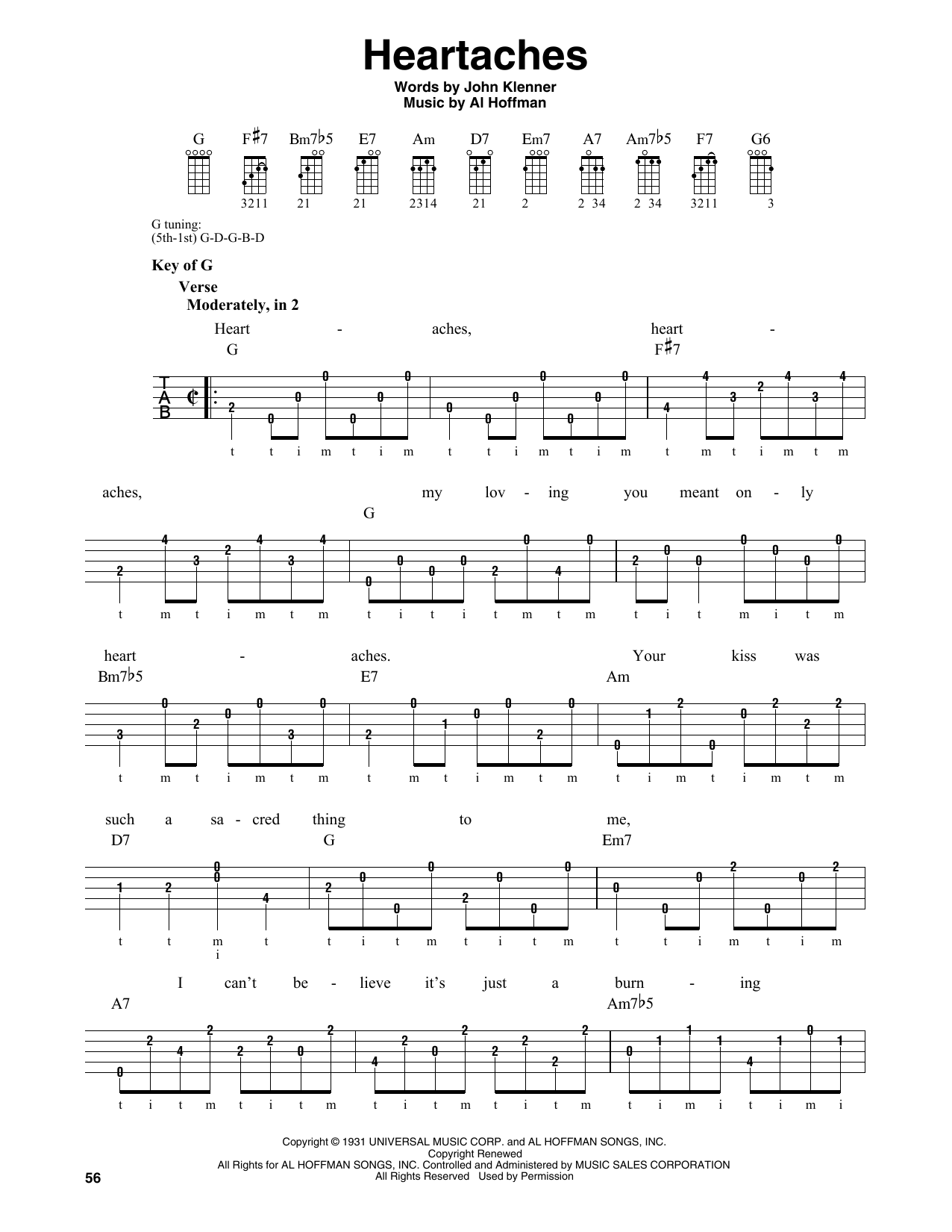 Al Hoffman Heartaches sheet music notes and chords arranged for Ukulele