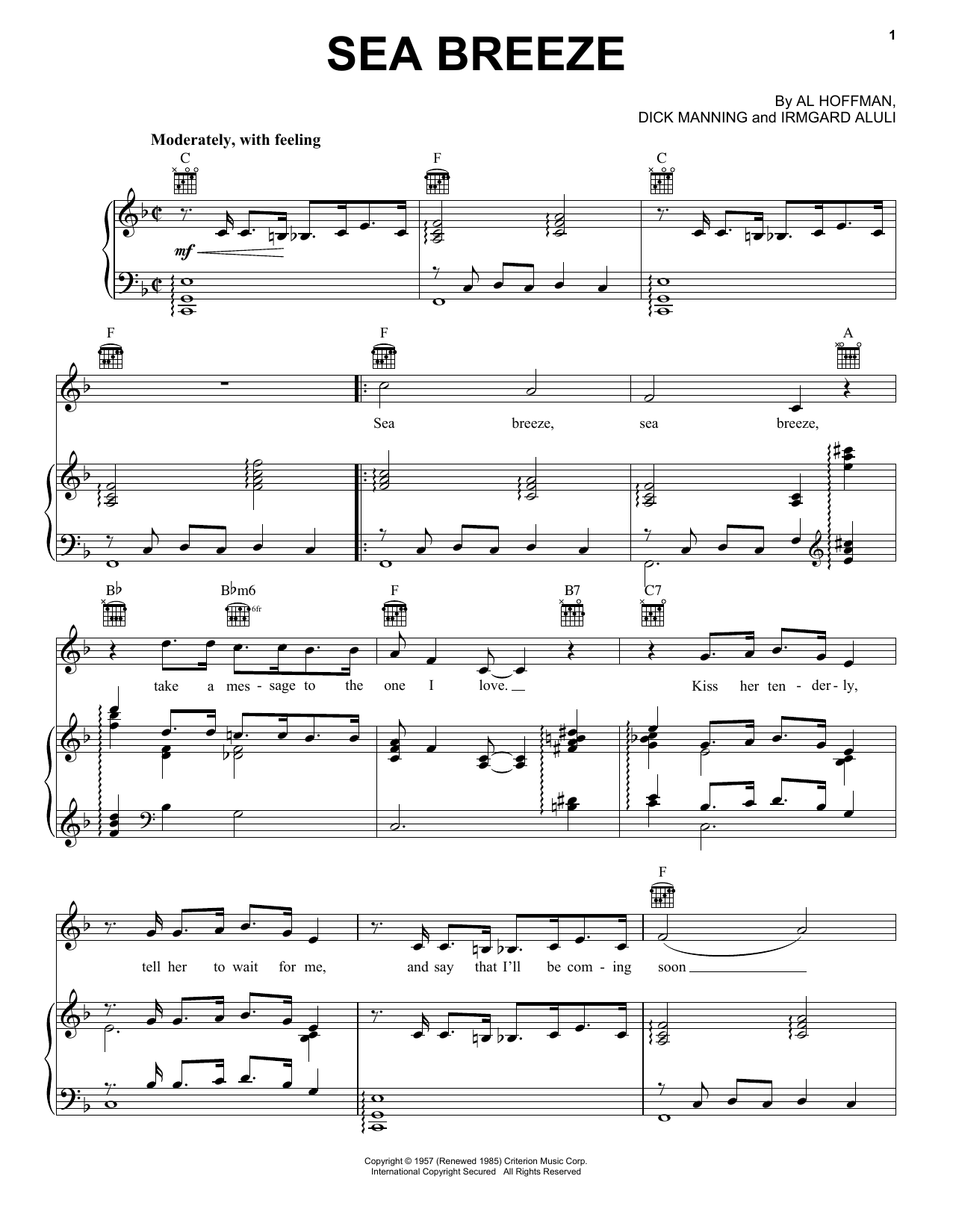 Al Hoffman Sea Breeze sheet music notes and chords arranged for Piano, Vocal & Guitar Chords (Right-Hand Melody)