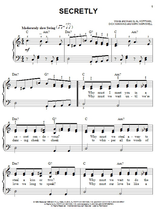 Al Hoffman Secretly sheet music notes and chords arranged for Easy Piano