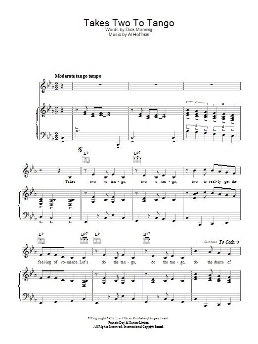 Al Hoffman Takes Two To Tango sheet music notes and chords arranged for Piano, Vocal & Guitar Chords