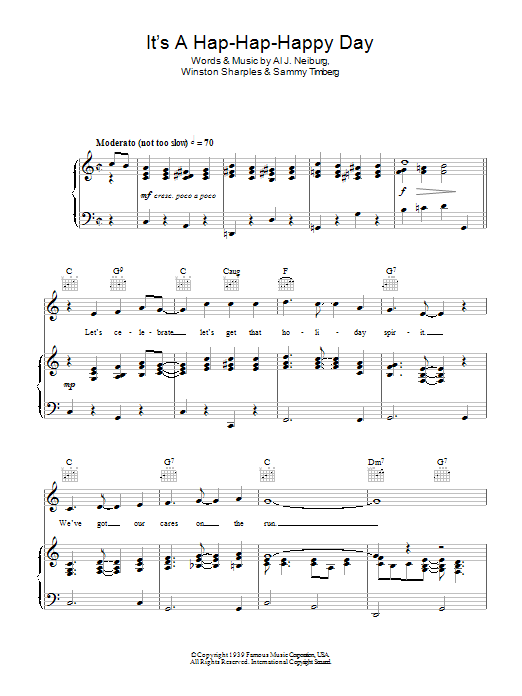 Al J. Neiburg It's A Hap-Hap-Happy Day sheet music notes and chords arranged for Piano, Vocal & Guitar Chords