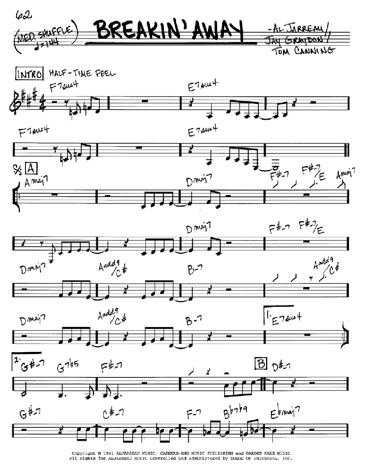 Al Jarreau Breakin' Away sheet music notes and chords arranged for Real Book – Melody & Chords – C Instruments