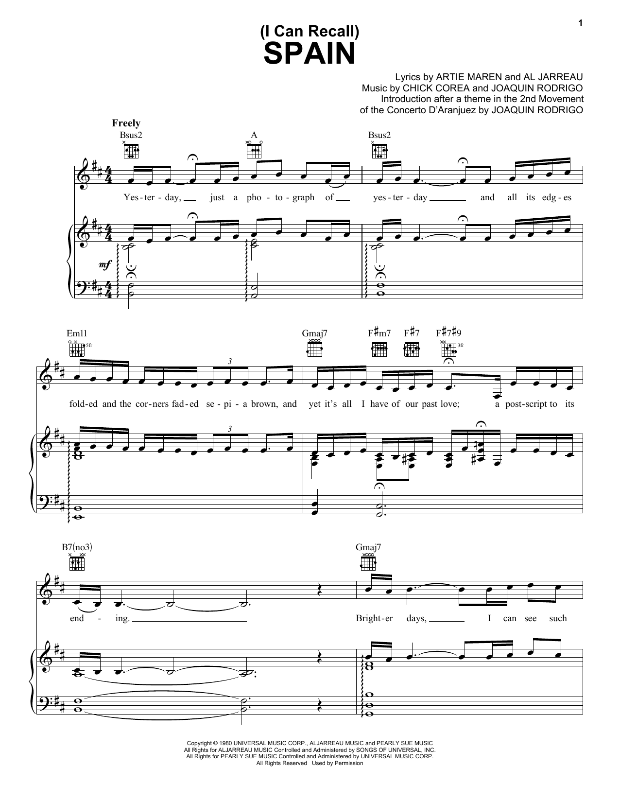 Al Jarreau (I Can Recall) Spain sheet music notes and chords arranged for Piano, Vocal & Guitar Chords (Right-Hand Melody)