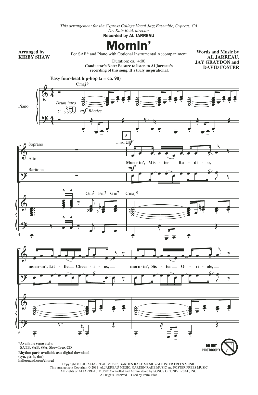 Al Jarreau Mornin' (arr. Kirby Shaw) sheet music notes and chords arranged for SAB Choir