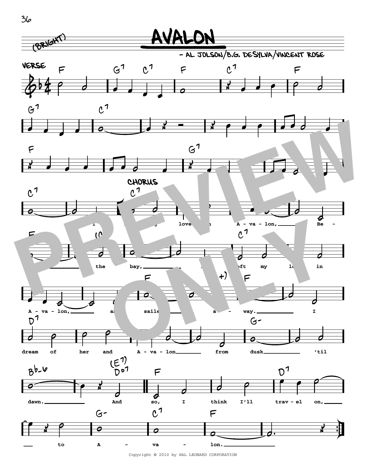 Al Jolson Avalon (arr. Robert Rawlins) sheet music notes and chords arranged for Real Book – Melody, Lyrics & Chords