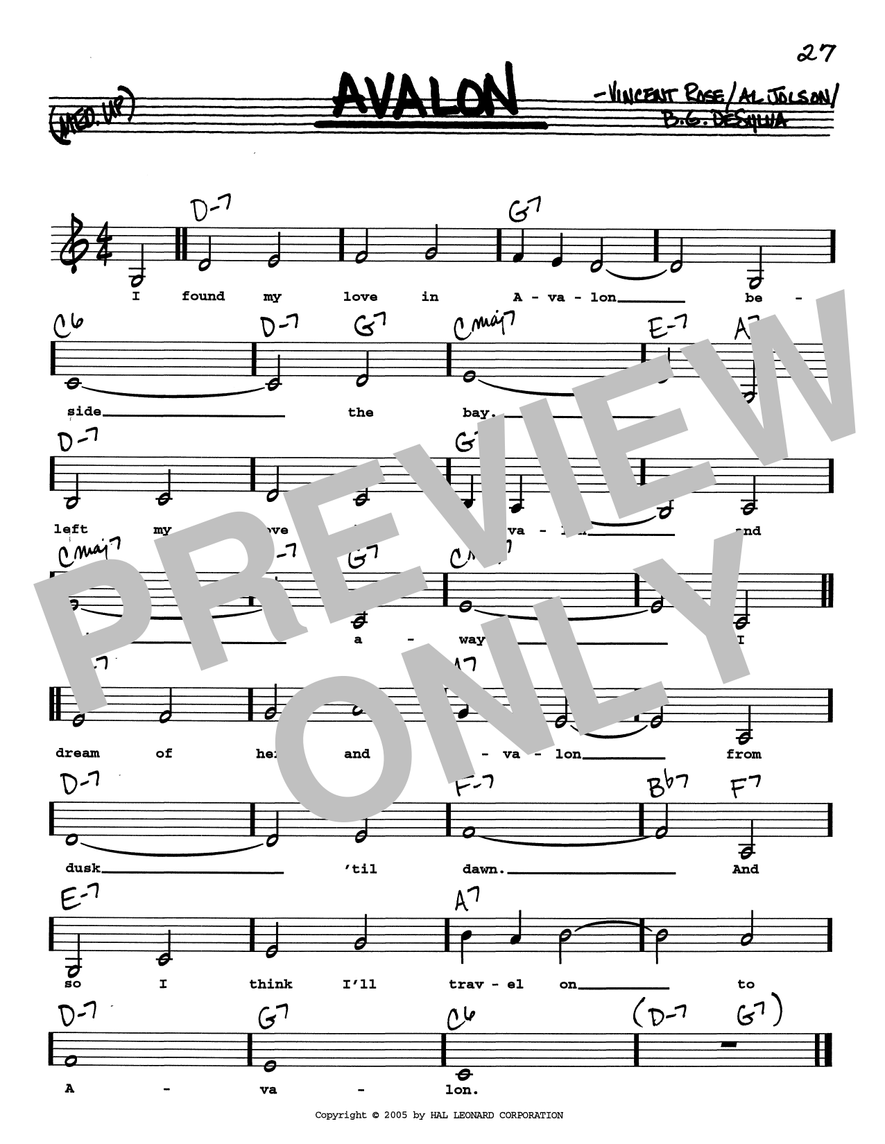 Al Jolson Avalon (Low Voice) sheet music notes and chords arranged for Real Book – Melody, Lyrics & Chords