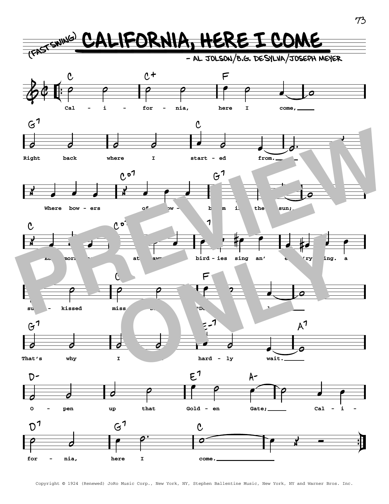 Al Jolson California, Here I Come (arr. Robert Rawlins) sheet music notes and chords arranged for Real Book – Melody, Lyrics & Chords
