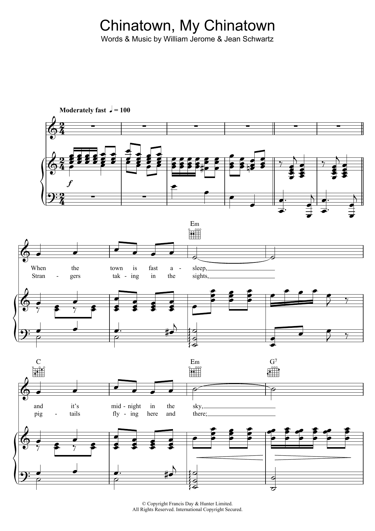 Al Jolson Chinatown My Chinatown sheet music notes and chords arranged for Piano, Vocal & Guitar Chords
