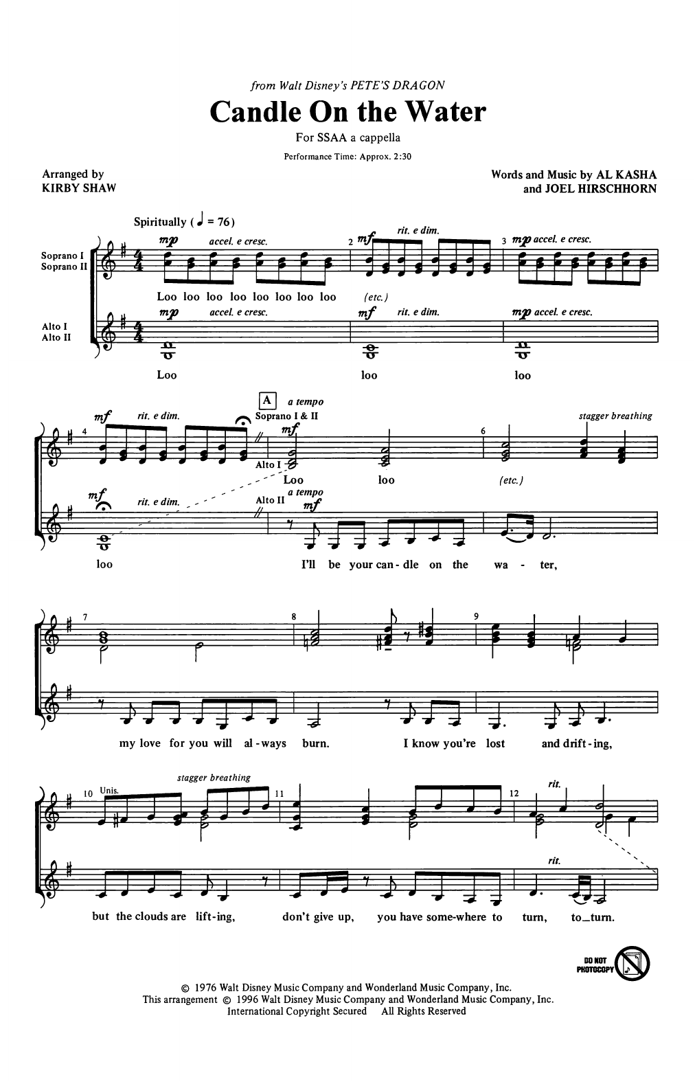 Al Kasha & Joel Hirschhorn Candle On The Water (arr. Kirby Shaw) sheet music notes and chords arranged for SATB Choir