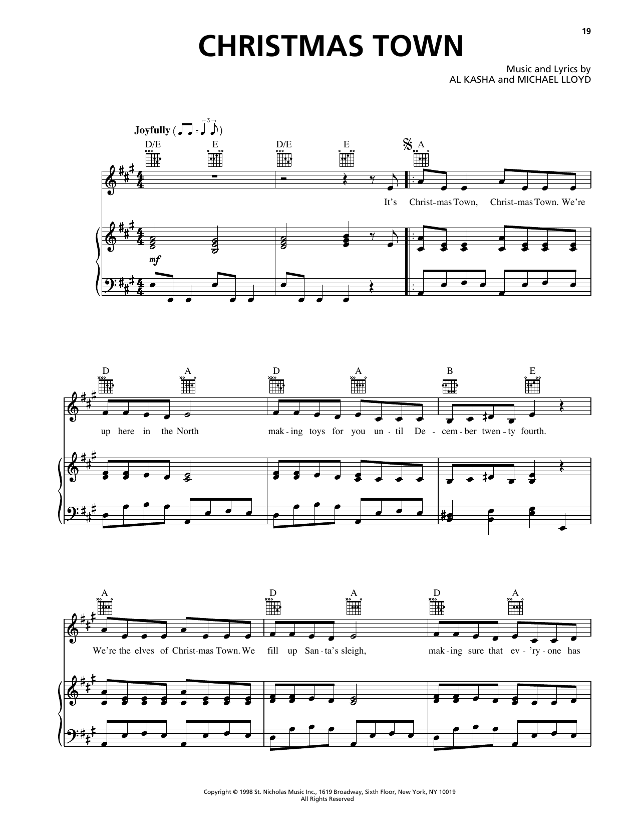 Al Kasha Christmas Town (from Rudolph The Red Nosed Reindeer) sheet music notes and chords arranged for Piano, Vocal & Guitar Chords (Right-Hand Melody)
