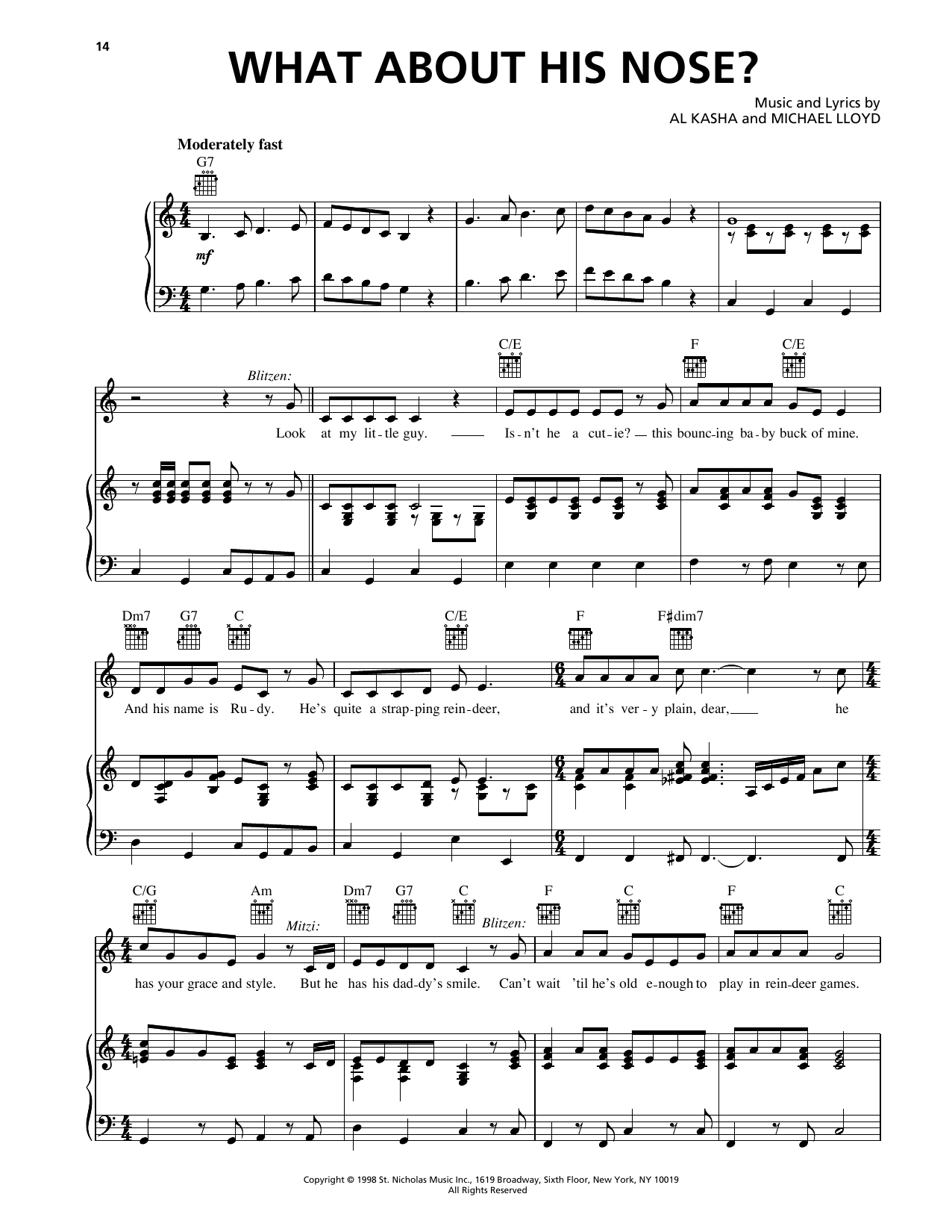 Al Kasha What About His Nose? (from Rudolph The Red Nosed Reindeer) sheet music notes and chords arranged for Piano, Vocal & Guitar Chords (Right-Hand Melody)
