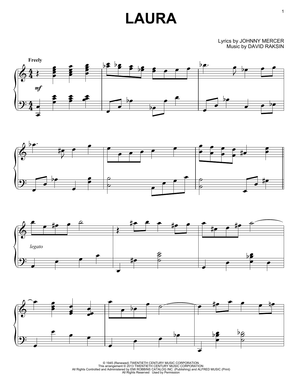 Al Lerner Laura sheet music notes and chords arranged for Piano Solo