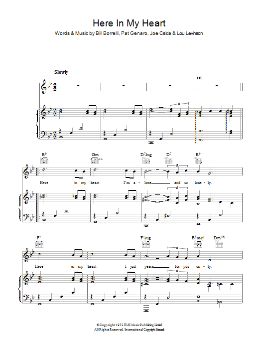 Al Martino Here In My Heart sheet music notes and chords arranged for Piano, Vocal & Guitar Chords