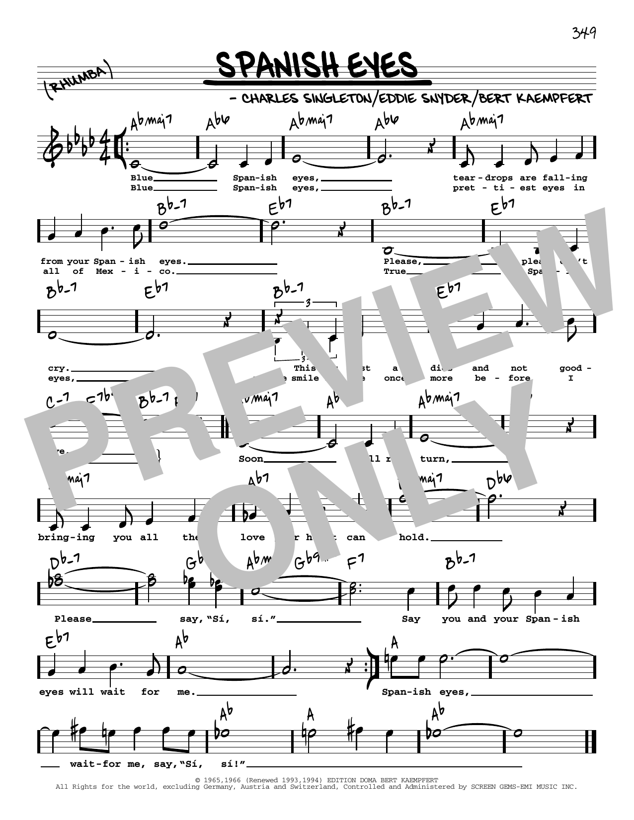 Al Martino Spanish Eyes (High Voice) sheet music notes and chords arranged for Real Book – Melody, Lyrics & Chords