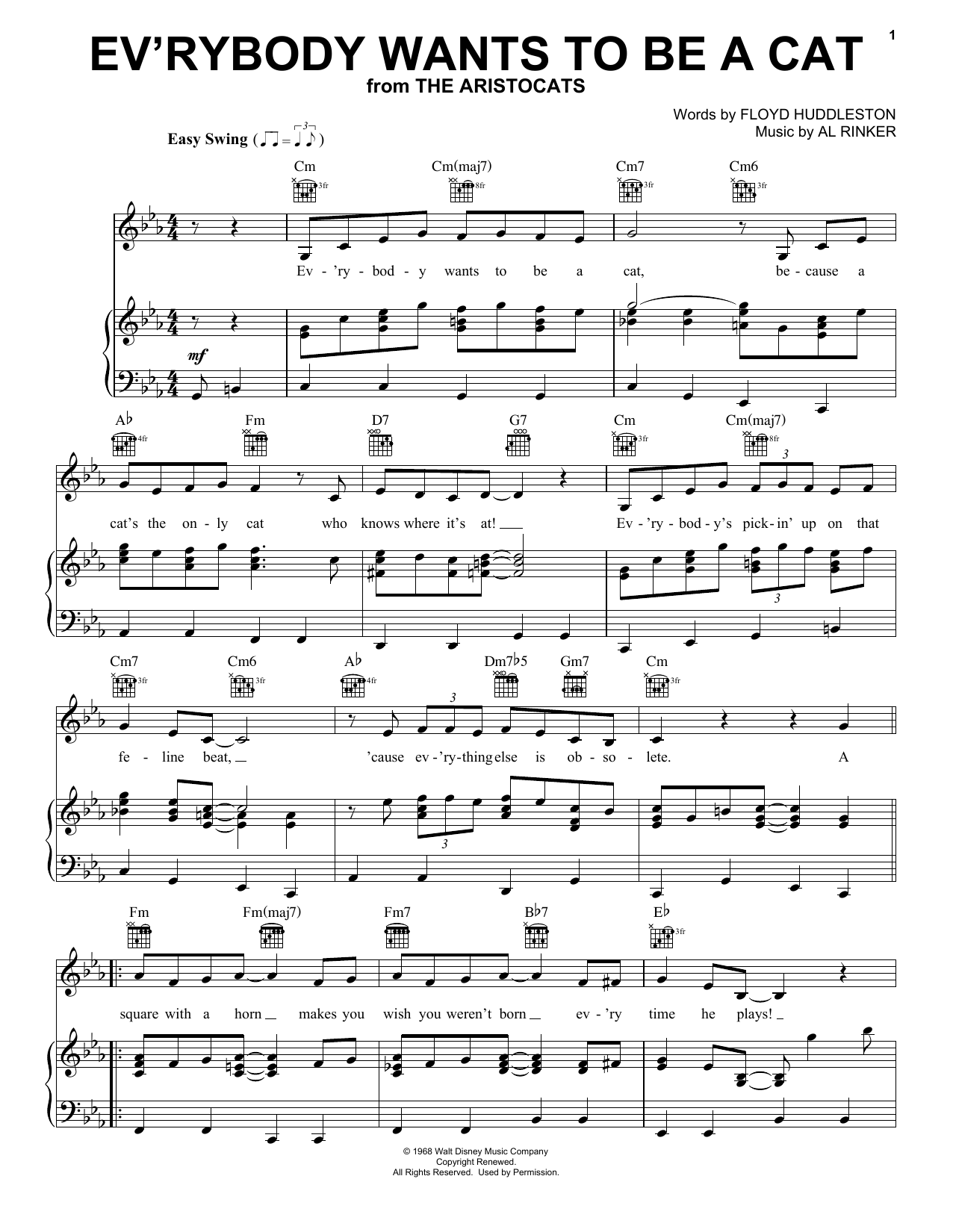 Al Rinker Ev'rybody Wants To Be A Cat (from The Aristocats) sheet music notes and chords arranged for Super Easy Piano