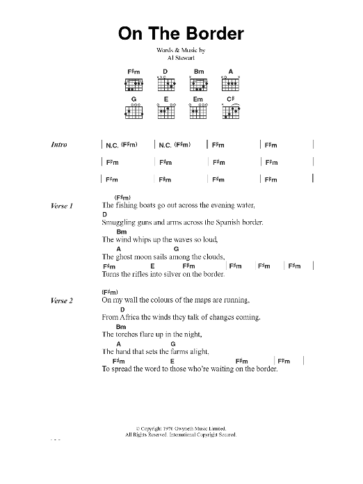 Al Stewart On The Border sheet music notes and chords arranged for Guitar Chords/Lyrics