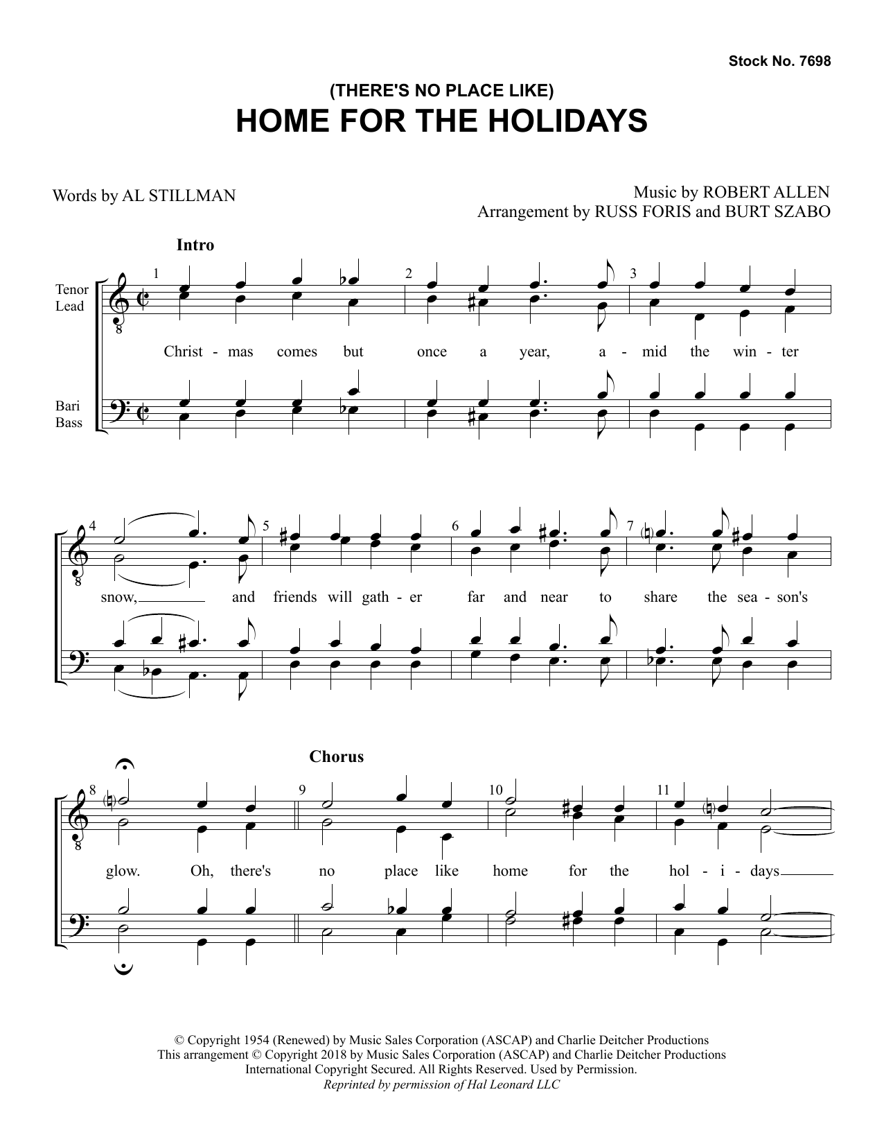 Al Stillman & Robert Allen (There's No Place Like) Home for the Holidays (arr. Russ Foris & Burt Szabo) sheet music notes and chords arranged for SSAA Choir