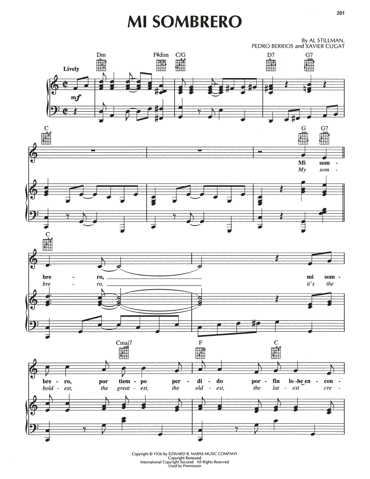 Al Stillman Mi Sombrero sheet music notes and chords arranged for Piano, Vocal & Guitar Chords (Right-Hand Melody)