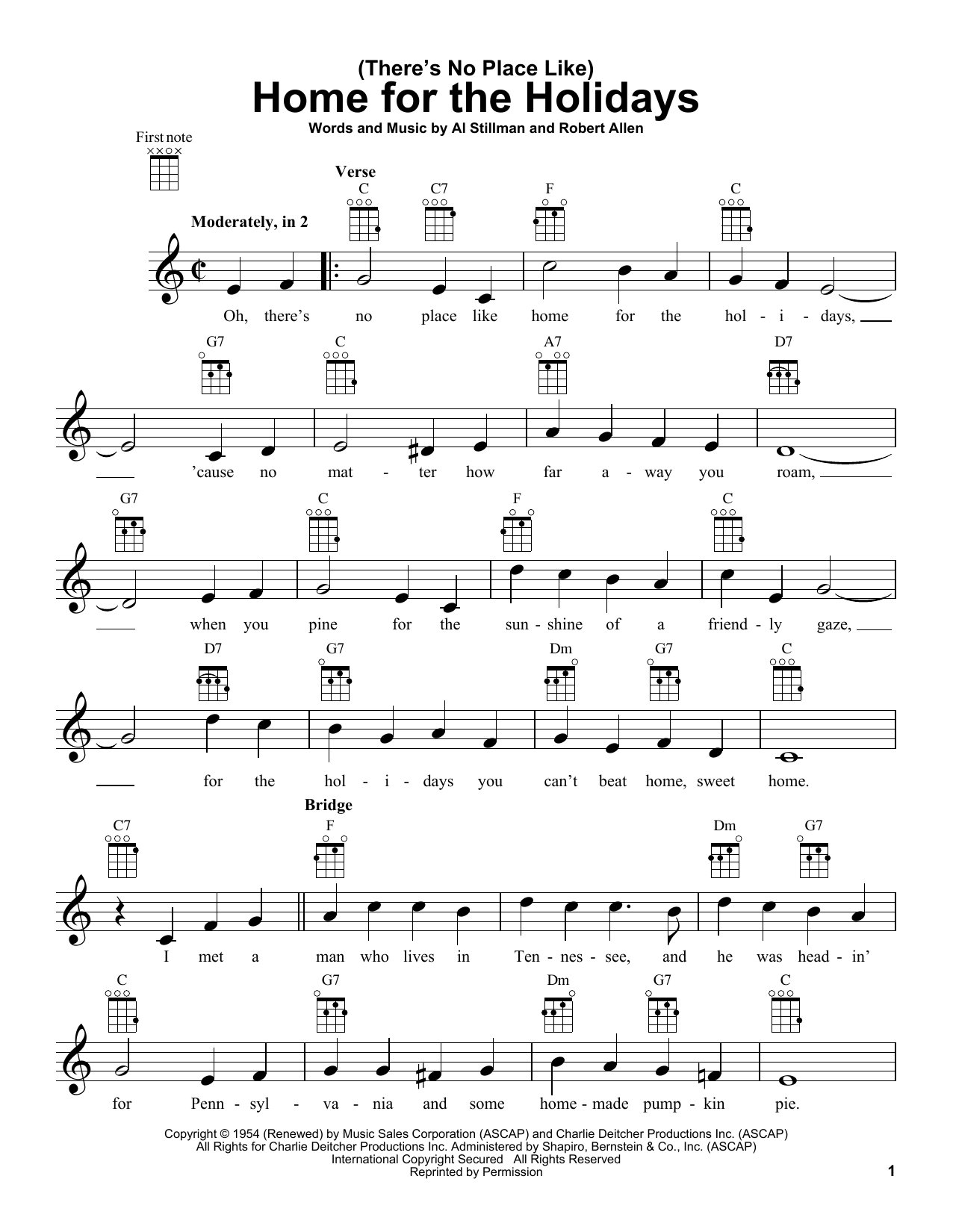 Al Stillman (There's No Place Like) Home For The Holidays sheet music notes and chords arranged for Ukulele