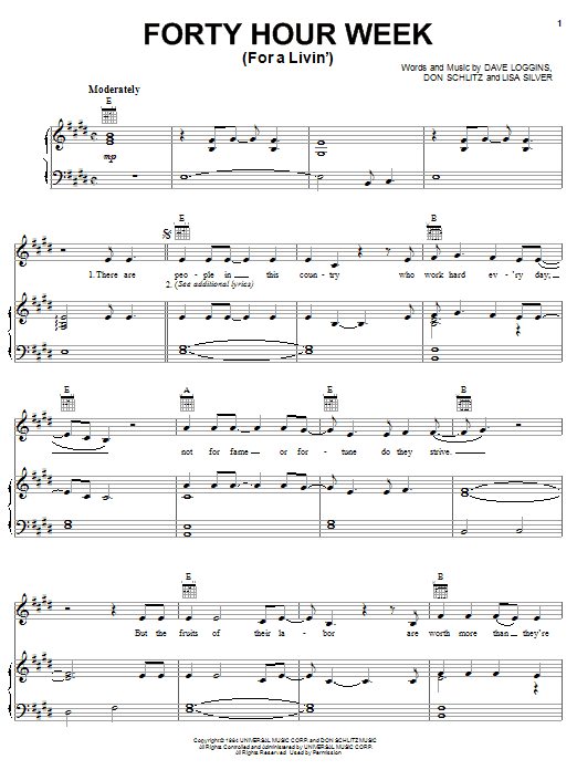 Alabama Forty Hour Week (For A Livin') sheet music notes and chords arranged for Piano, Vocal & Guitar Chords (Right-Hand Melody)
