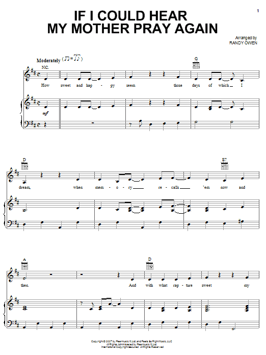 Alabama If I Could Hear My Mother Pray Again sheet music notes and chords arranged for Piano, Vocal & Guitar Chords (Right-Hand Melody)