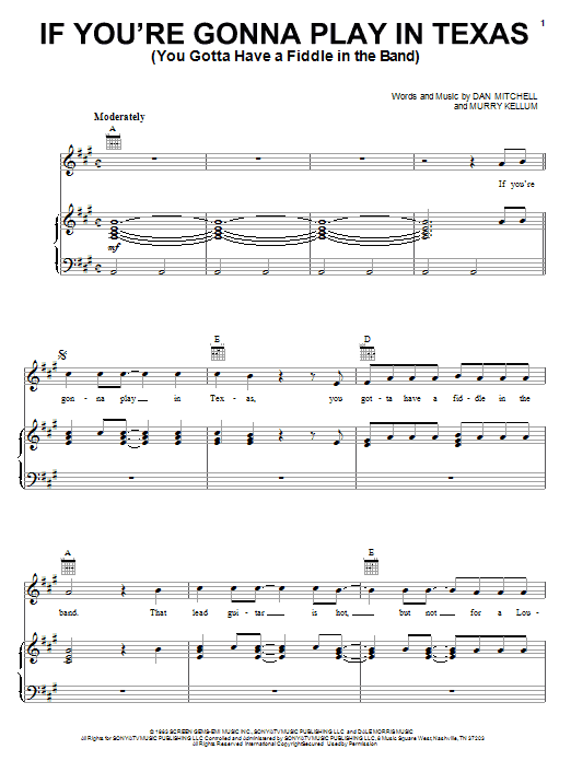 Alabama If You're Gonna Play In Texas (You Gotta Have A Fiddle In The Band) sheet music notes and chords arranged for Piano, Vocal & Guitar Chords (Right-Hand Melody)