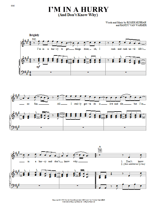 Alabama I'm In A Hurry (And Don't Know Why) sheet music notes and chords arranged for Piano, Vocal & Guitar Chords (Right-Hand Melody)
