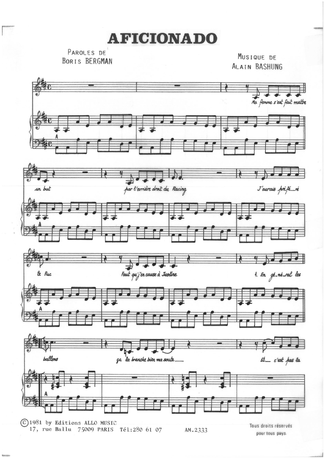 Alain Bashung Aficionado sheet music notes and chords arranged for Piano & Vocal