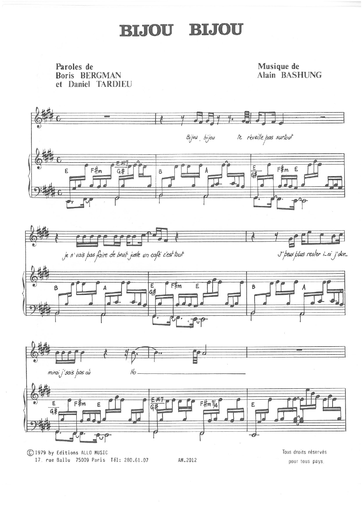 Alain Bashung Bijou Bijou sheet music notes and chords arranged for Piano & Vocal