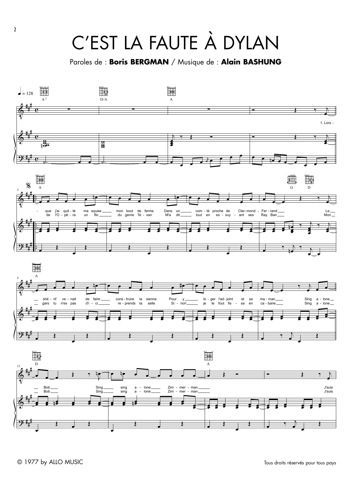 Alain Bashung C'est La Faute A Dylan sheet music notes and chords arranged for Piano & Vocal