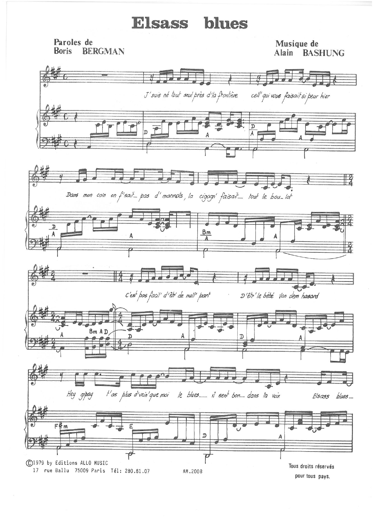 Alain Bashung Elsass Blues sheet music notes and chords arranged for Piano & Vocal