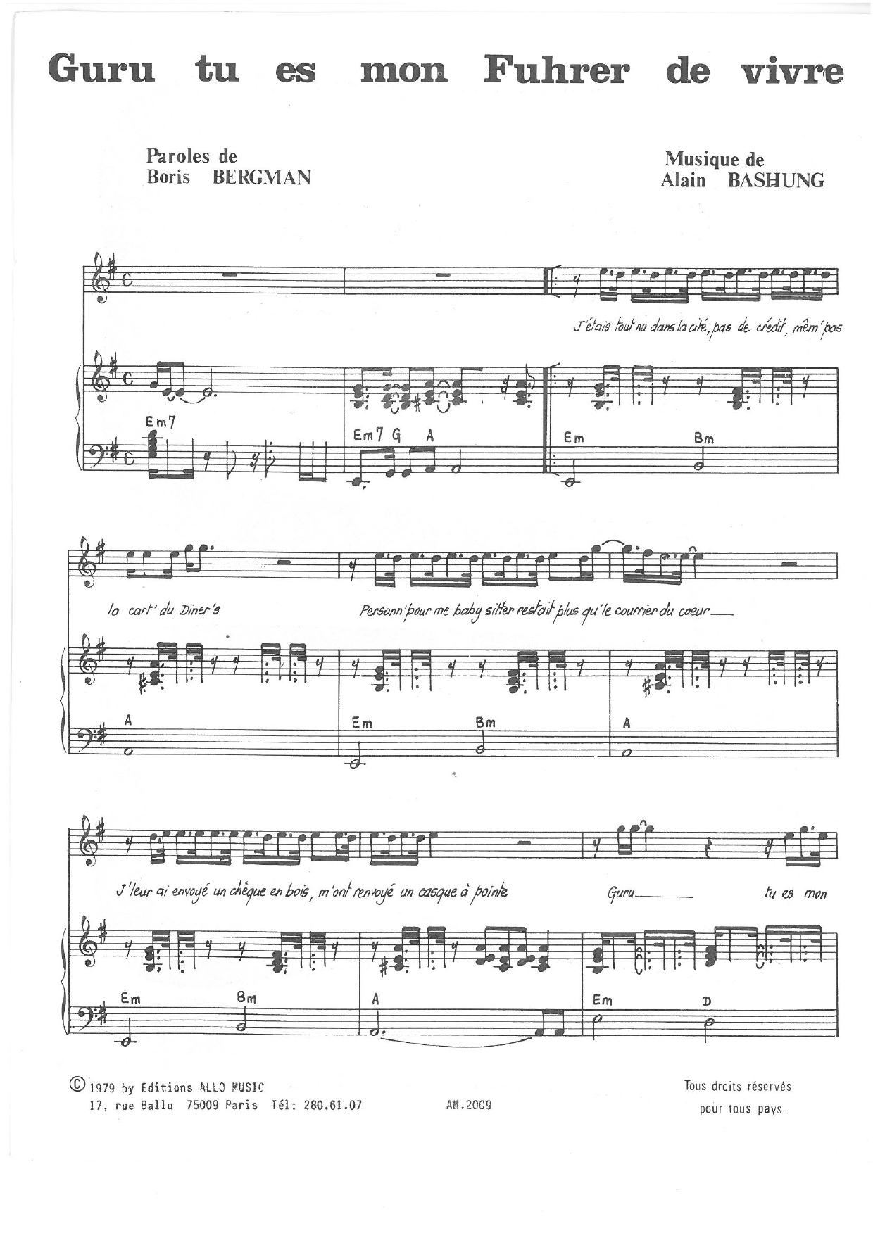 Alain Bashung Guru Tu Es Mon Fuhrer De Vivre sheet music notes and chords arranged for Piano & Vocal
