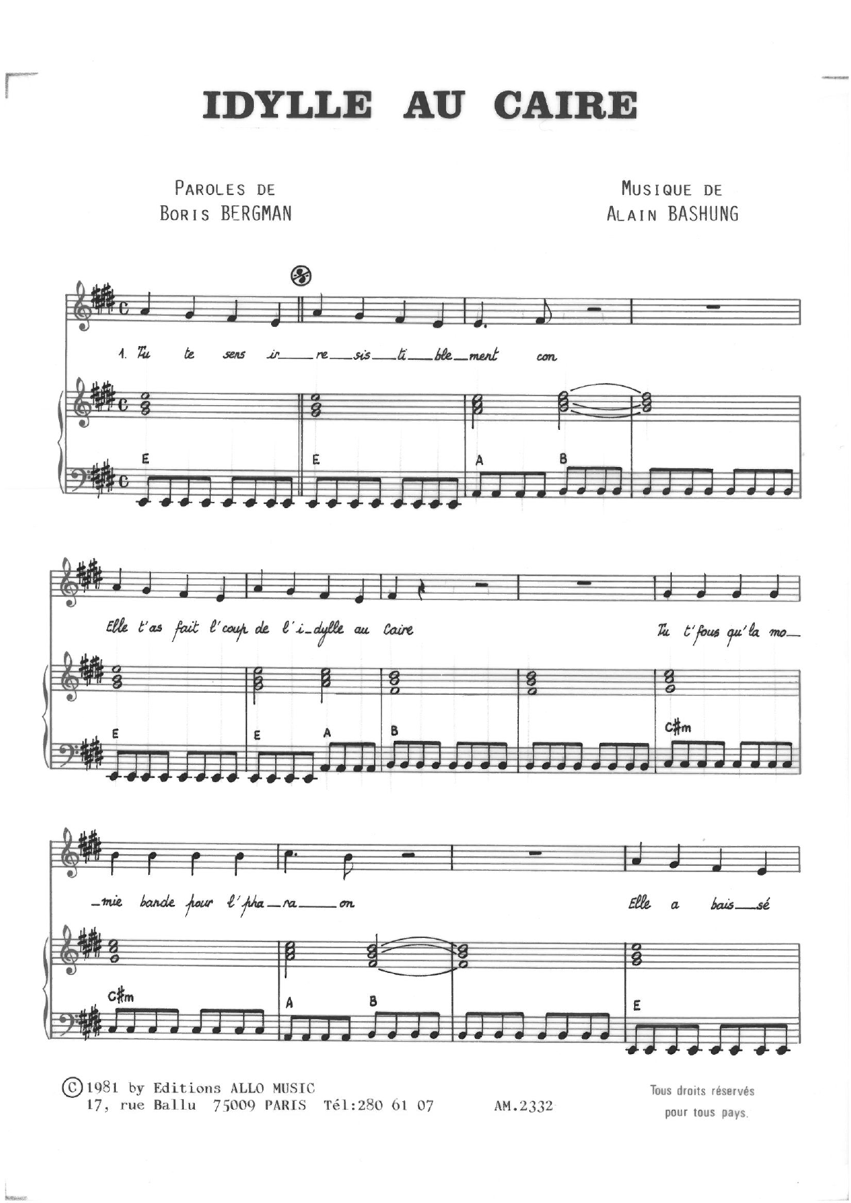 Alain Bashung Idylle Au Caire sheet music notes and chords arranged for Piano & Vocal