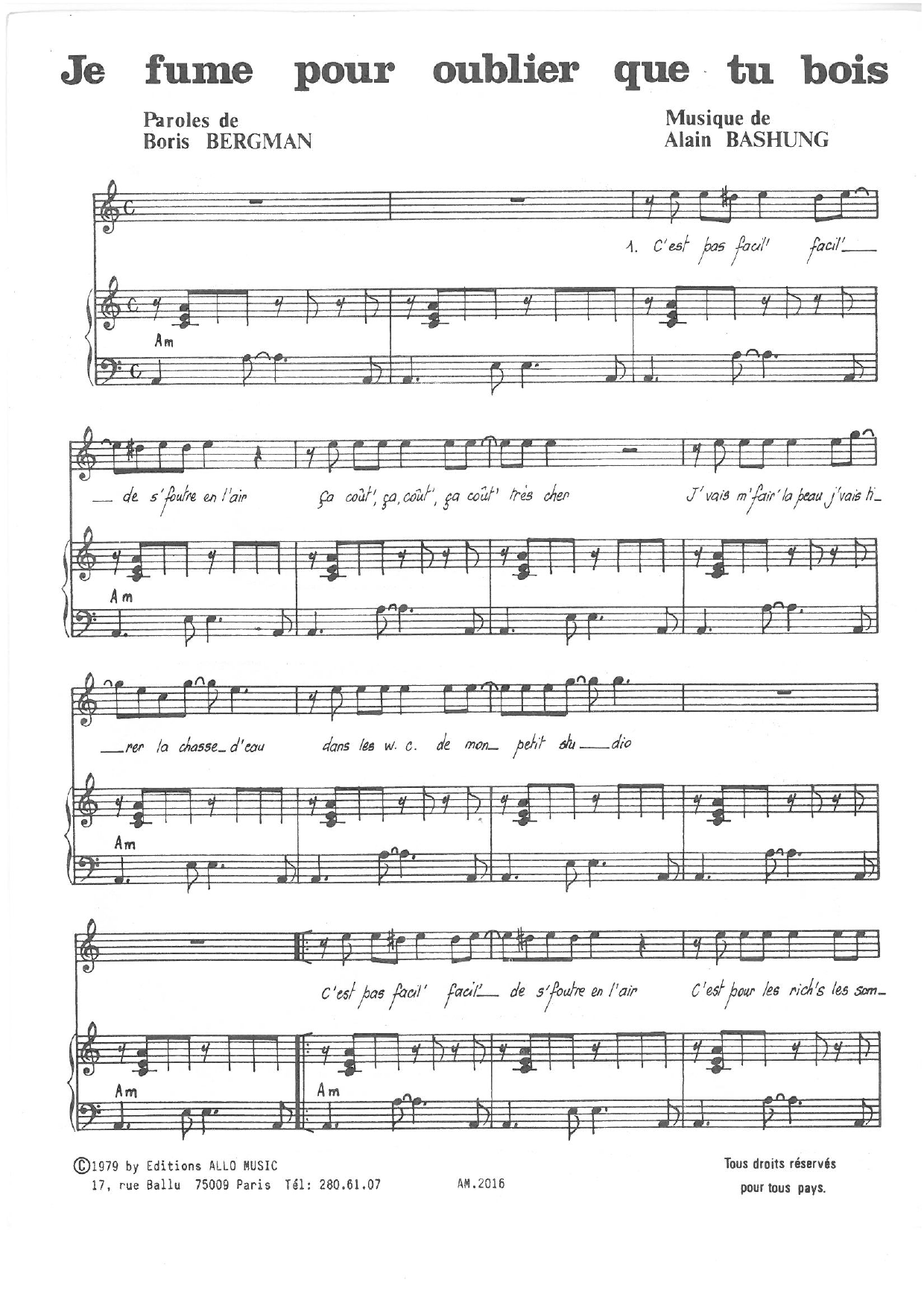 Alain Bashung Je Fume Pour Oublier Que Tu Bois sheet music notes and chords arranged for Piano & Vocal