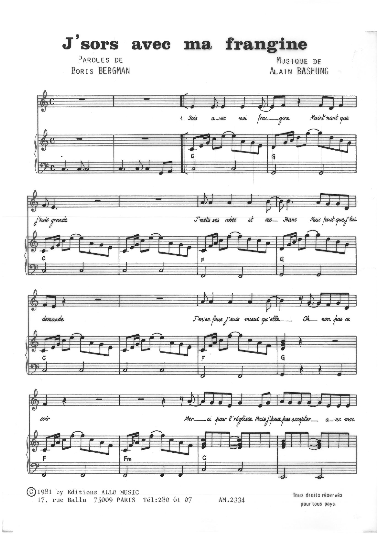 Alain Bashung J'sors Avec Ma Frangine sheet music notes and chords arranged for Piano & Vocal