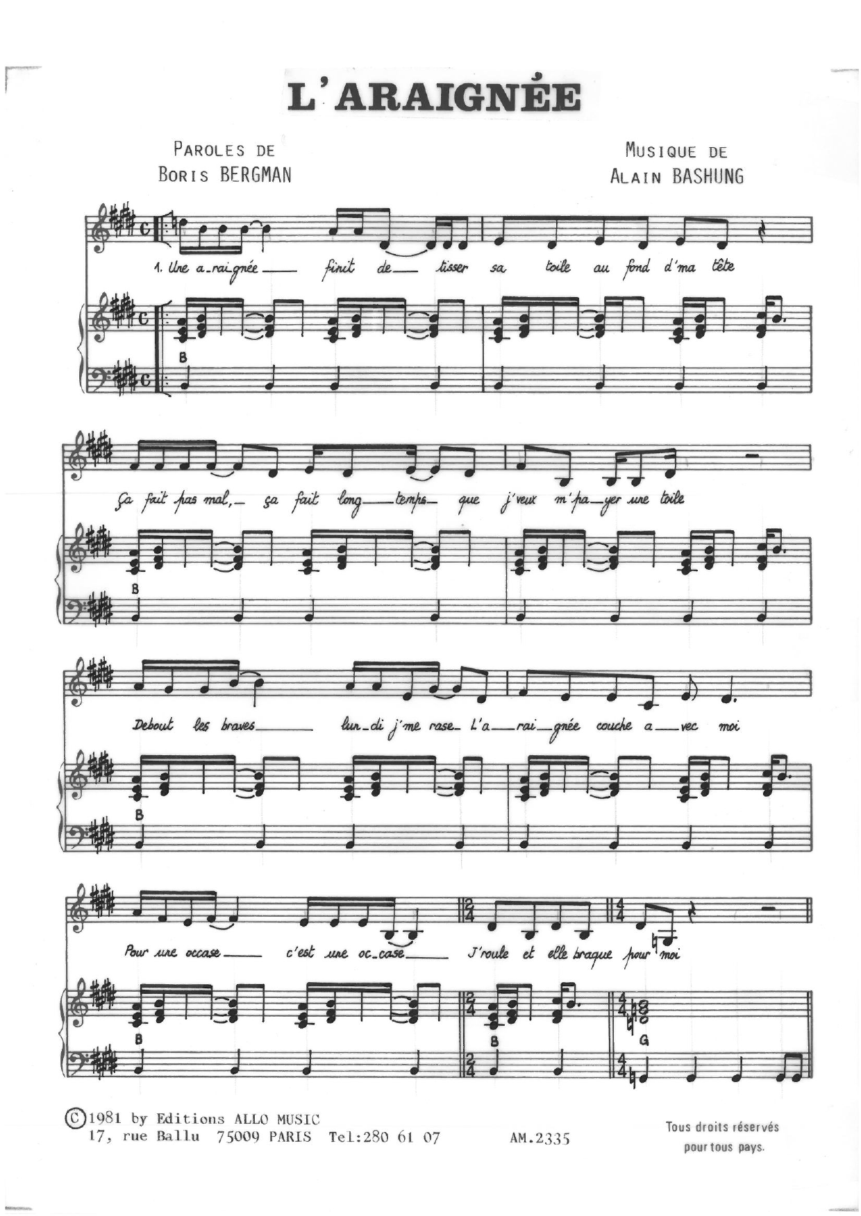 Alain Bashung L'araignee sheet music notes and chords arranged for Piano & Vocal