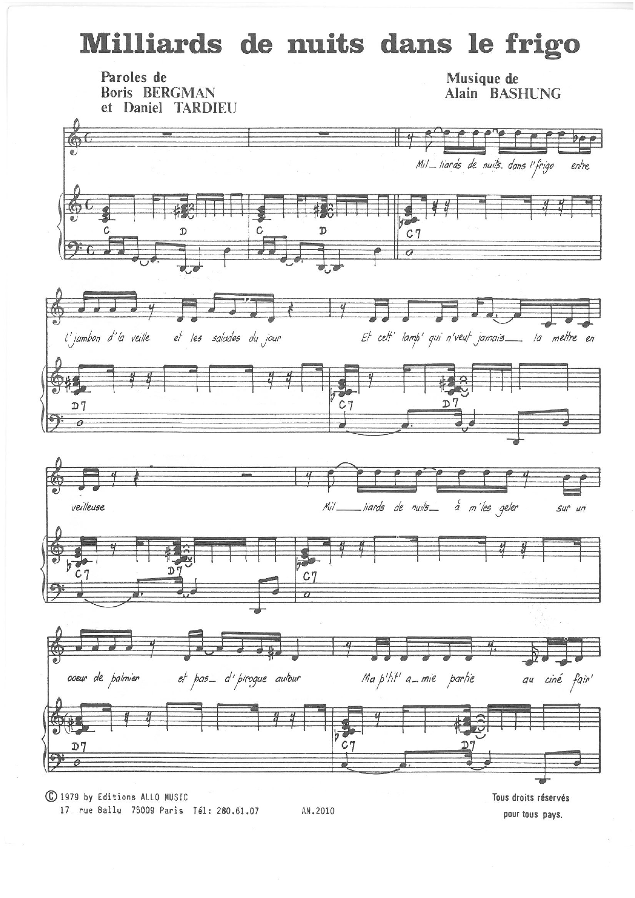 Alain Bashung Milliards De Nuits Dans Le Frigo sheet music notes and chords arranged for Piano & Vocal