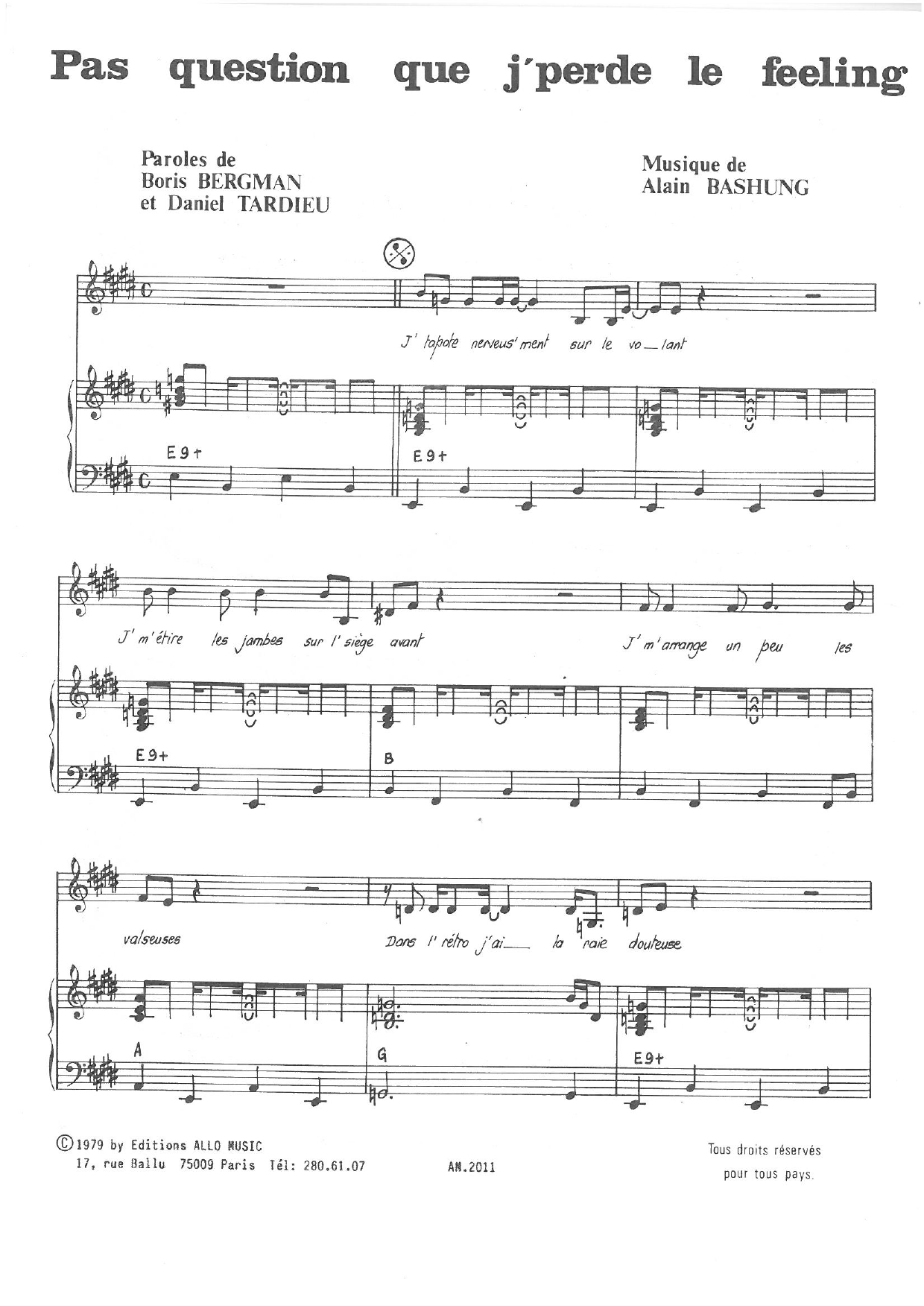 Alain Bashung Pas Question Que J'perde Le Feeling sheet music notes and chords arranged for Piano & Vocal