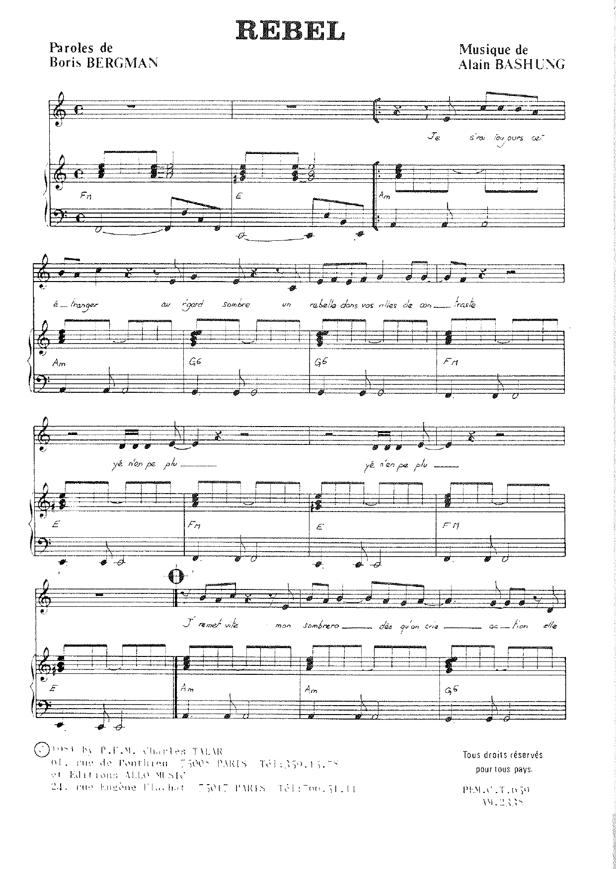 Alain Bashung Rebel sheet music notes and chords arranged for Piano & Vocal