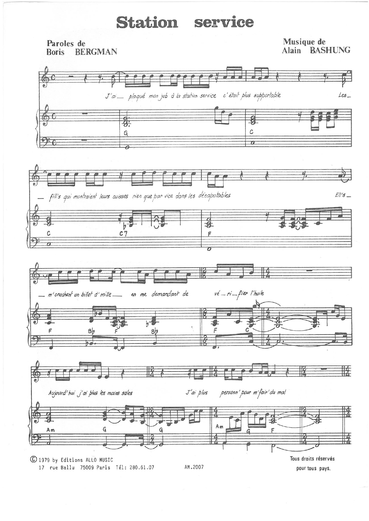 Alain Bashung Station Service sheet music notes and chords arranged for Piano & Vocal