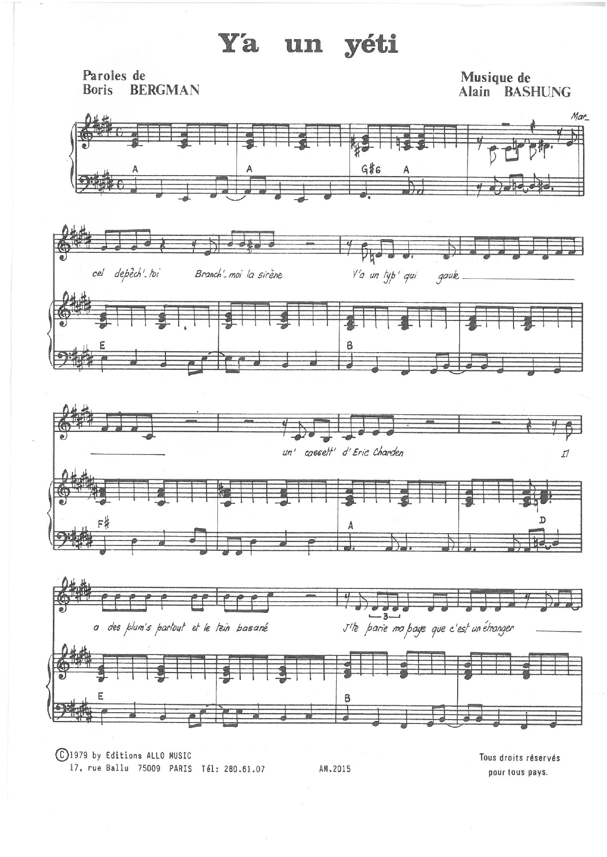 Alain Bashung Y'a un Yeti sheet music notes and chords arranged for Piano & Vocal