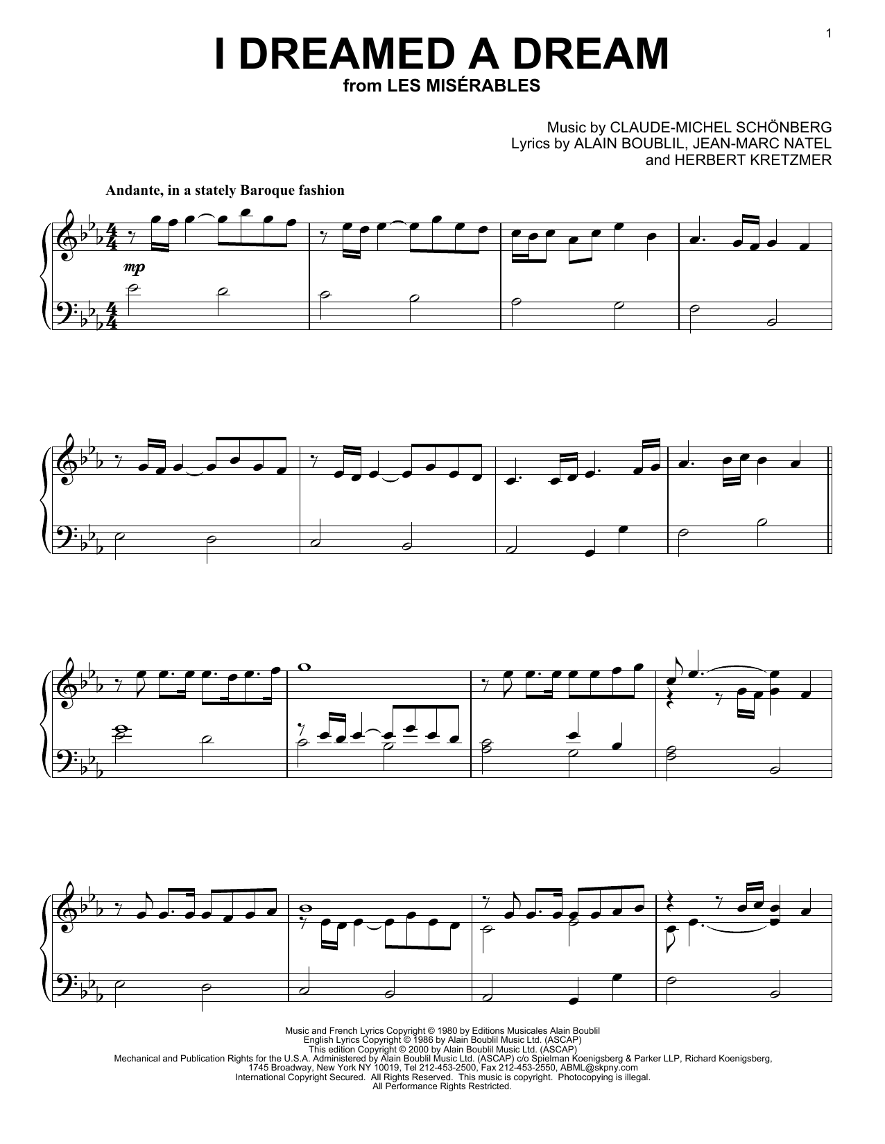 Alain Boublil & Claude-Michel Schonberg I Dreamed A Dream sheet music notes and chords arranged for Piano Solo