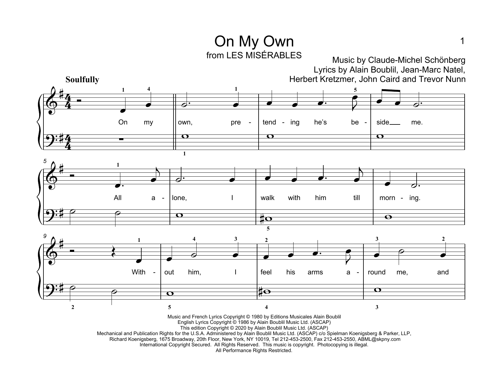 Alain Boublil & Claude-Michel Schonberg On My Own (from Les Miserables) (arr. Christopher Hussey) sheet music notes and chords arranged for Educational Piano
