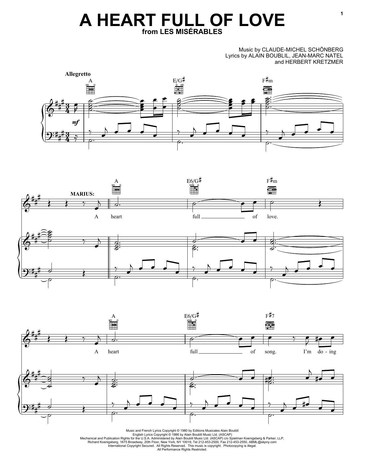 Alain Boublil A Heart Full Of Love sheet music notes and chords arranged for Piano, Vocal & Guitar Chords
