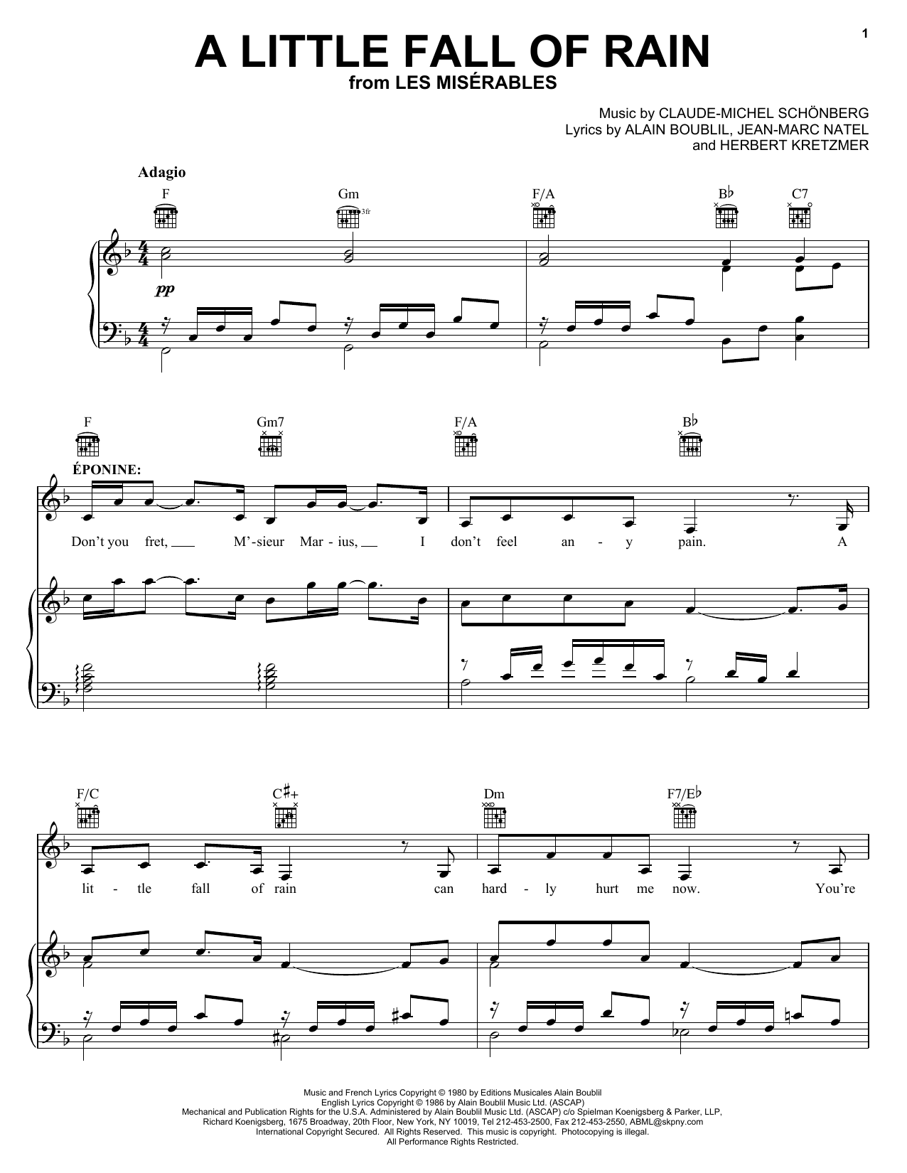 Alain Boublil A Little Fall Of Rain sheet music notes and chords arranged for Piano, Vocal & Guitar Chords
