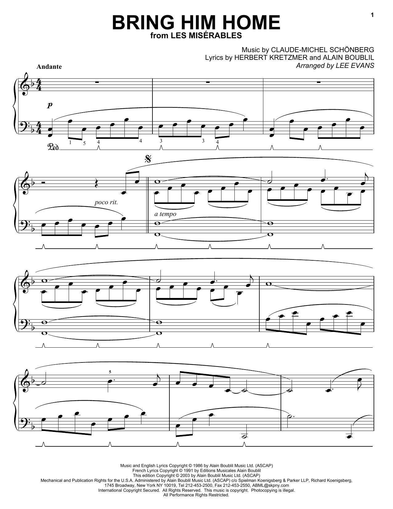 Alain Boublil Bring Him Home (from Les Miserables) sheet music notes and chords arranged for Piano Solo